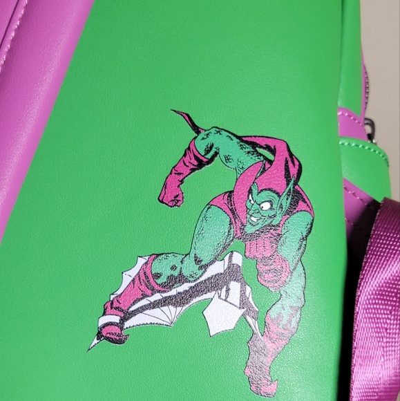 Loungefly Green Goblin faux leather daypack backpack gun metal grey hardware - Picture 7 of 16